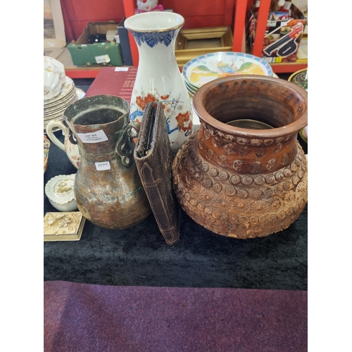 321 - Selection of metal ware items with pottery items etc