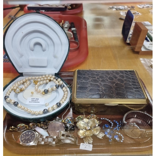 242 - 1 x tray containing timed watch Movado watch costume jewellery and 2 x silver inset pendants