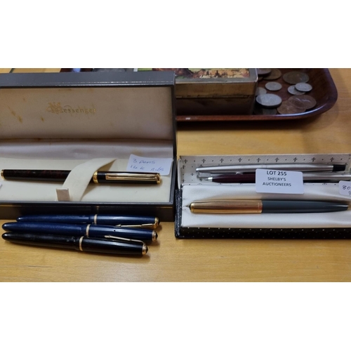 255 - 1 x Messenger fountain pen with 3 Parker fountain pens 3 have 14k nibs with rolled gold Parker pen e... 