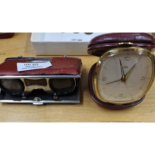 261 - 1 x emes vintage alarm clock with rand opera glasses