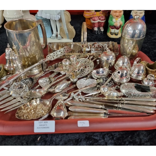 329 - 1 x tray containing silver plated ware items spoons knives condiments etc