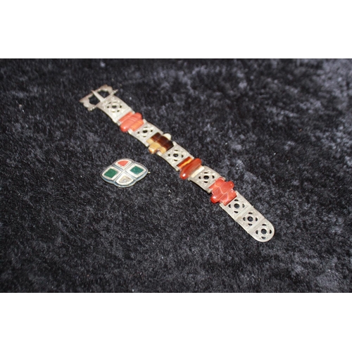 130 - 1 x Celtic agate inset silver bracelet with silver celtic agate set brooch