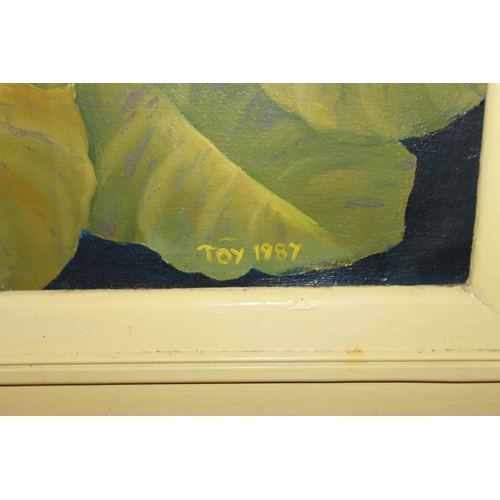 28 - 1 x framed acrylic on canvas kit carp painting by artist toy 1987 45 inch by 43 inch in frame