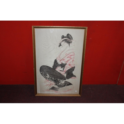 55c - 1 x ink on silk oriental lady by artist toy in frame size 33 high by 23 wide