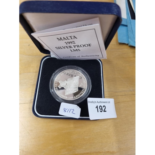 192 - 1 x Malta 1992 silver proof lm5 50th anniversary royal mint