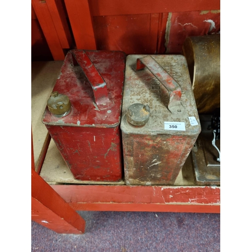 350 - Two vintage red metal brass topped petroleum canisters