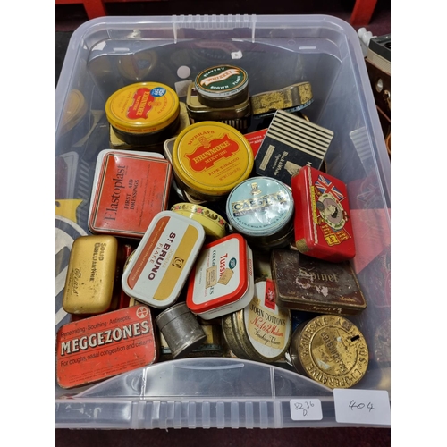 404 - One plastic tub containing large amount of metal advertisement tins