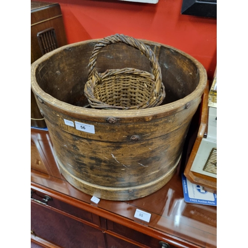56 - One large wooden round storage box with small wicker basket