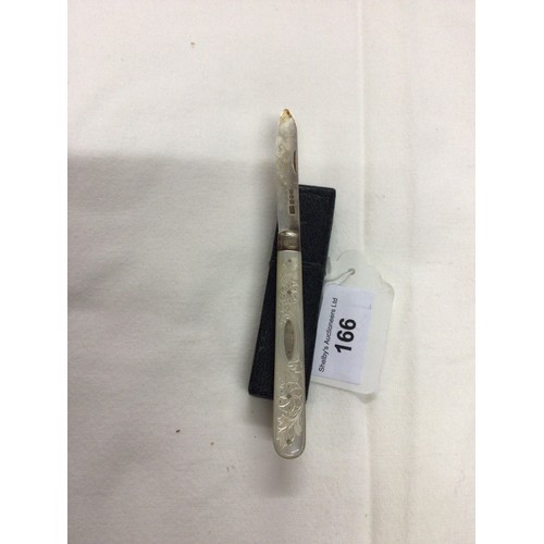 166 - One silver and mother-of-pearl fruit knife in original box