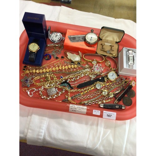 167 - One tray containing costume jewellery where items pocket watch watches cufflinks etc