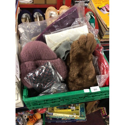 303 - One box containing new hats gloves thermal top etc