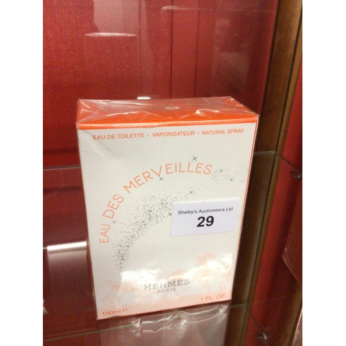 29 - one new in box sealed hermes eau de toilette eau des merveilles 100 ml