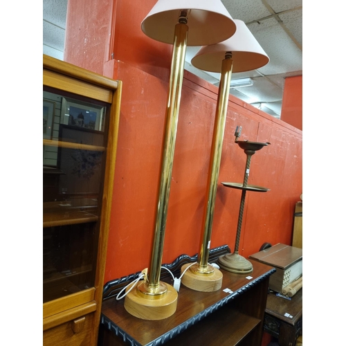 173 - Pair of large brass and wood base side lamps