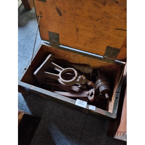 26 - Small wooden pine toolbox containing vintage metal tools...