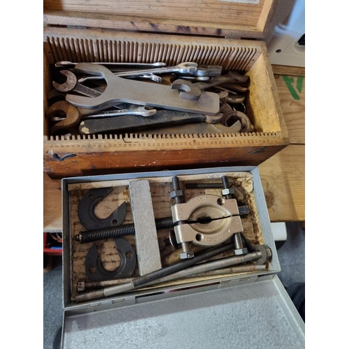 38 - Wooden box containing various spanner, threading kit etc...