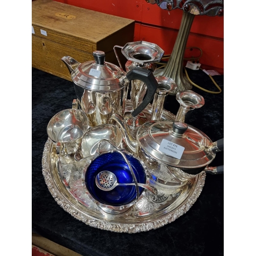 476 - 4 piece tea service set kingsway with tray and other plated ware items