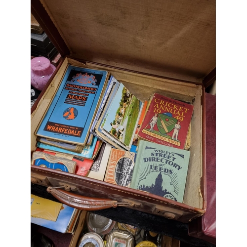 531 - 1x selection of ordaments, maps, post cards and vintage books etc with leather suitcase