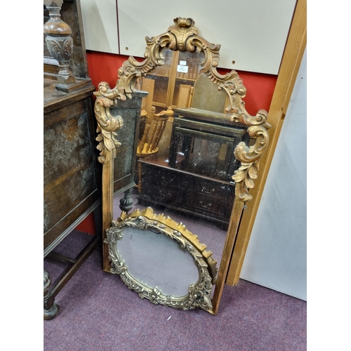 79 - Large wooden gilt framed hall mirror w/ small plaster moulded mirror