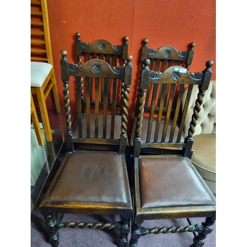 94 - 4x oak barley twist leather seated chairs