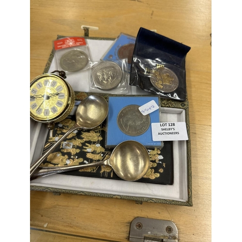 128 - selection of coinage with travel clock, oriental plaque etc