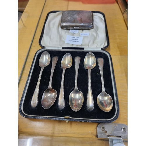 228 - 1x set of six boxed silver teaspoons (have damage) with silver cigarrette case (has split)