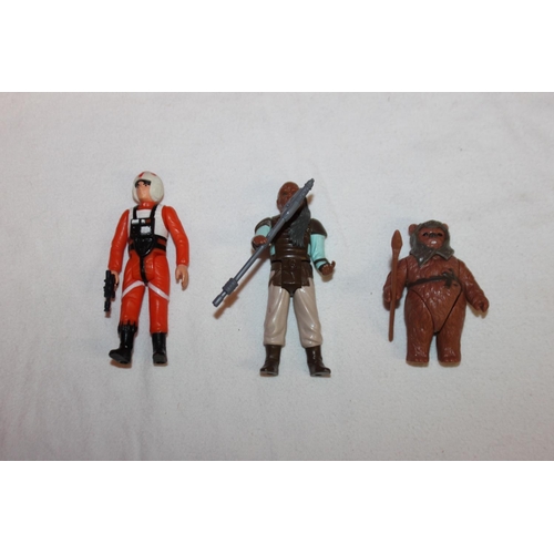 163 - 3 x various vintage starwars figures luke skywalker.ewok graak romba hood,weequay all with weapons