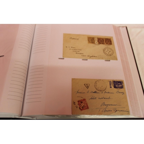 230 - 1 x album containing French stamps and postal envelopes dated 1950s -1960s 8 pages only