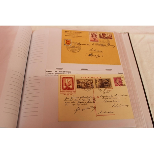 230 - 1 x album containing French stamps and postal envelopes dated 1950s -1960s 8 pages only