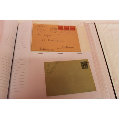 230 - 1 x album containing French stamps and postal envelopes dated 1950s -1960s 8 pages only