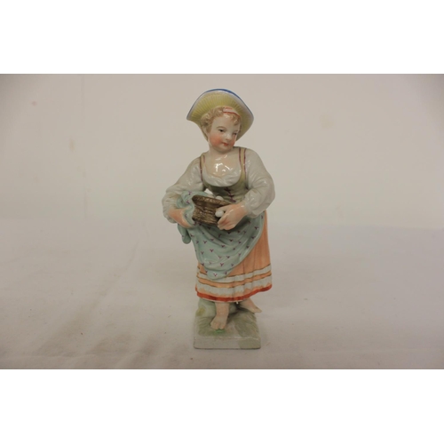 358 - 1x early Meissen figure of lady collecting eggs (5.5inch high)