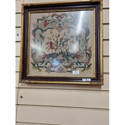 63 - 1 x victorian tapestry depicting floral scene in frame 19 inch by 19 inch