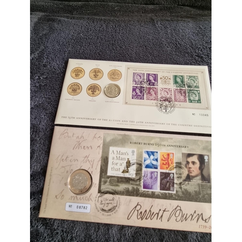 142 - 4 X VARIOUS COIN STAMP COVERS SCOUTING  BRUNELL 25TH ANNIVERSARY £1 AND ROBERT BURNS £2 COINS