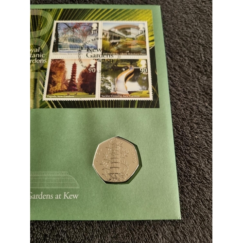 193 - ROYAL MINT 250TH ANNIVERSARY KEW GARDENS 50P COIN AND STAMP SET