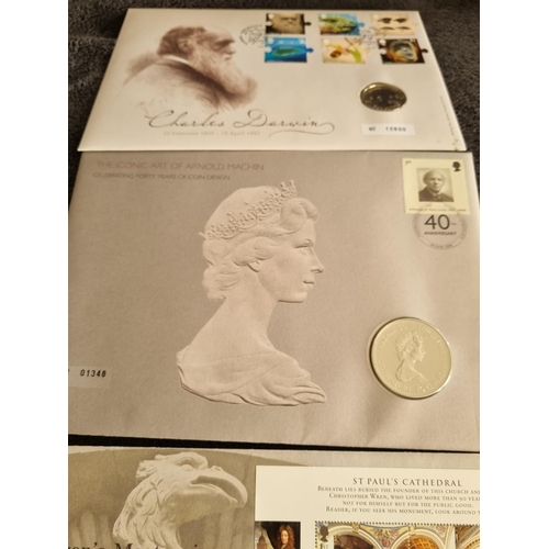 195 - 3 X ROYAL MINT COIN STAMP COIN COVERS DARWIN WRENS MASTERPIECE ARNOLD MACHIN