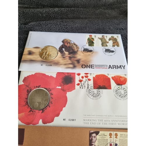 196 - 3 X ROYAL MINT COIN STAMP COVERS TERRITORIAL ARMY 90TH ANNIVERSARY 1ST WORLD WAR AND 150TH ANNIVERSA... 