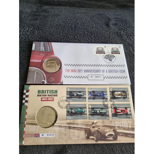 197 - 2 X ROYAL MINT COIN STAMP COVERS 50TH ANNIVERSARY OF MINI AND BRITISH MOTOR RACING