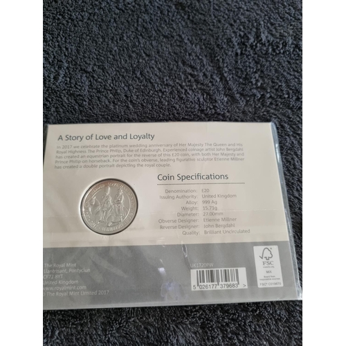 217 - ROYAL MINT 2017 PLATINUM WEDDING ANNIVERSARY FINE SILVER £20 COIN