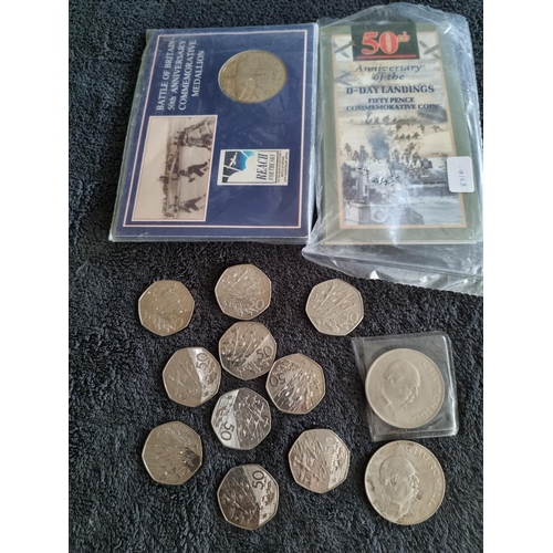 256 - SELECTION OF D DAY 50 PENCE PIECES WITH D DAY LANDING SET ETC