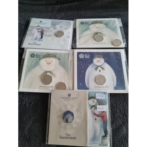 257 - 5  ROYAL MINT SNOW MAN UNCIRCULATED 50 PENCE COINS 2018 TO 2021