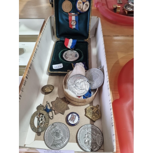 300 - selection of various corornation medals with military buttons and cap badge