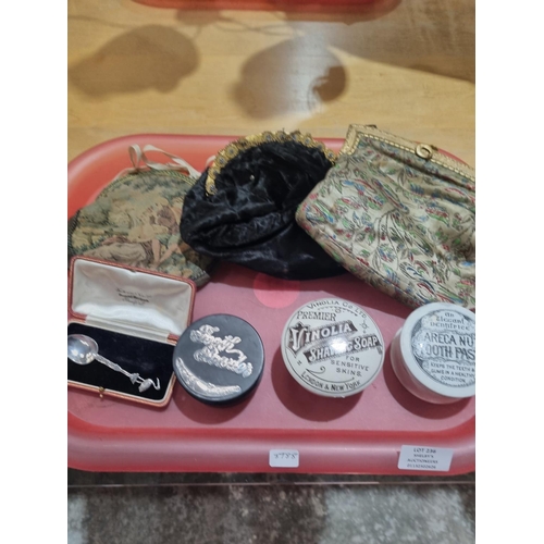 236 - 1 X TRAY CONTAINING VARIOUS AGE EVENING PURSES SHAVING SOAP DISHES ETC