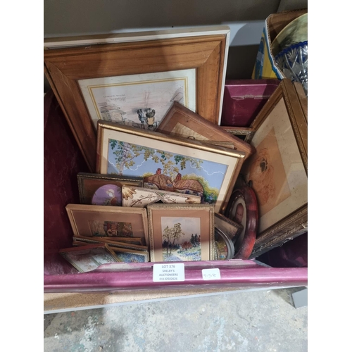 376 - 1 X BOX CONTAINING PRINTS AND MANY EMBROIDERY PICTURES IN FRAMES