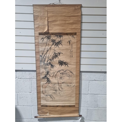 3 - 1 X JAPANESE PAPER PAINTED SCROLL TIGER DESIGN WITH SILK OVERLAY