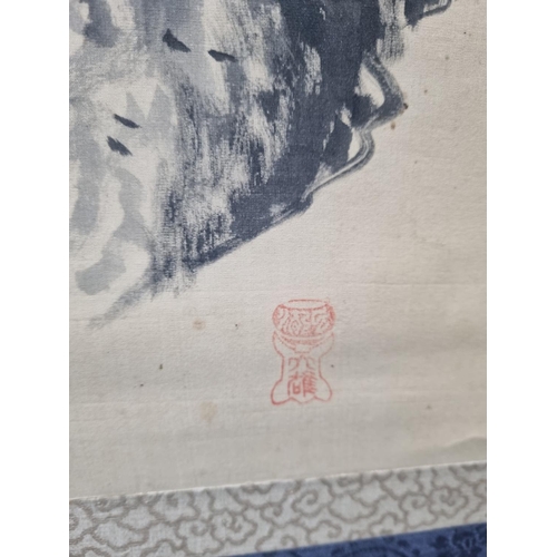 6 - 1 X JAPANESE SILK OVERLAY PAINTRED ON PAPER LADY PRAYING