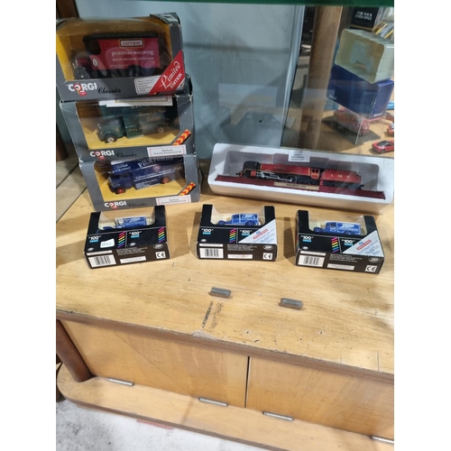 159 - 3 CORGI CLASSIC BOXED VEHICLES WITH TRAIN MODEL AND 3 BOXED VANS