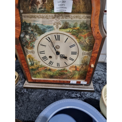 297 - 1 X MANTLE CLOCK WITH WOODLAND SCENE BACKGROUND