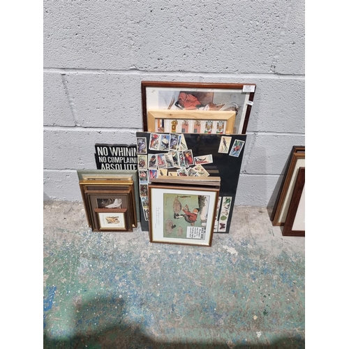 105 - 11 VARIOUS FRAMED PRINTS WITH 3 X METAL SIGNS