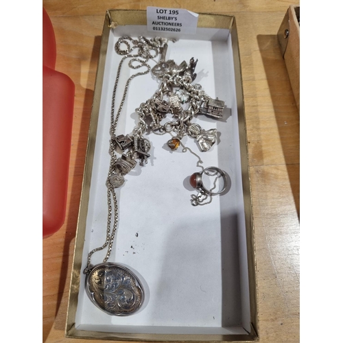 195 - SELECTION OF SILVER JEWELLERY WARE ITEMS NECKLACE AND PENDANT WITH CHARM BRACELET AND RING