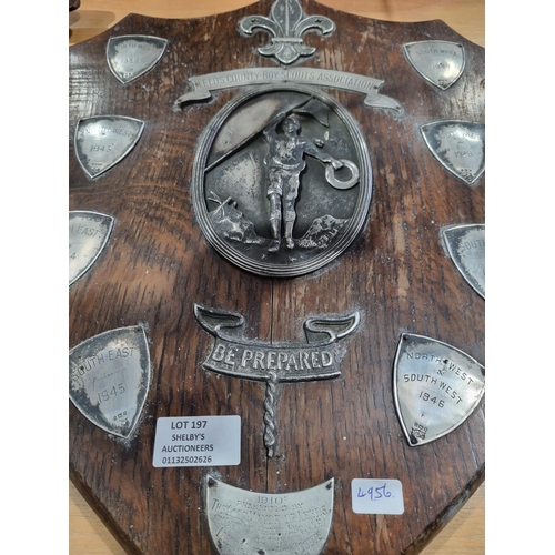 197 - 1 X LEEDS SCOUTS PLAQUE WITH SILVER APLIQUES CIRCA 1930S 40S