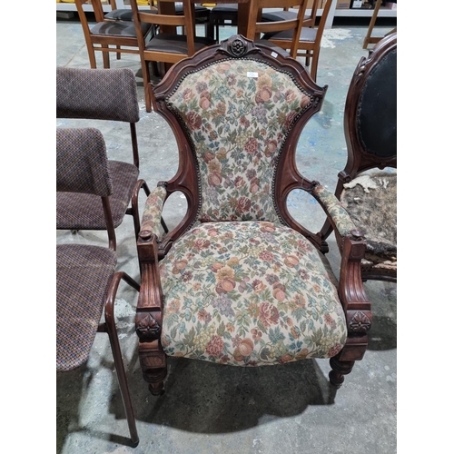 28 - 1 X EDWARDIAN MAHOGANY CARVED DETAIL ARM CHAIR